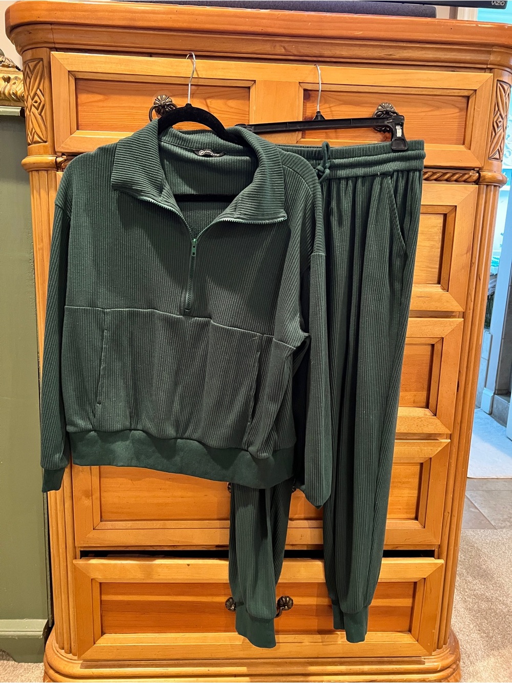 PrettyGarden Green Ribbed Half-Zip Lounge Jogger Set Sz M